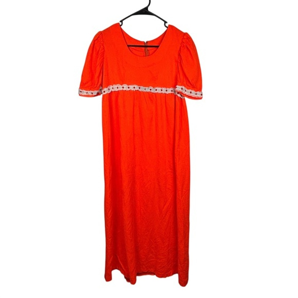 Vintage‎ Orange Maxi Dress Puff Sleeve Lace Trim Prairie Style